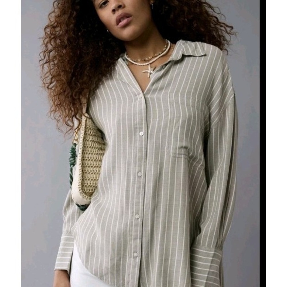 AE Long Sleeve Tie Back Buttonn Up Shirt Medium Striped Cotton Oversized Relaxed - Picture 4 of 9